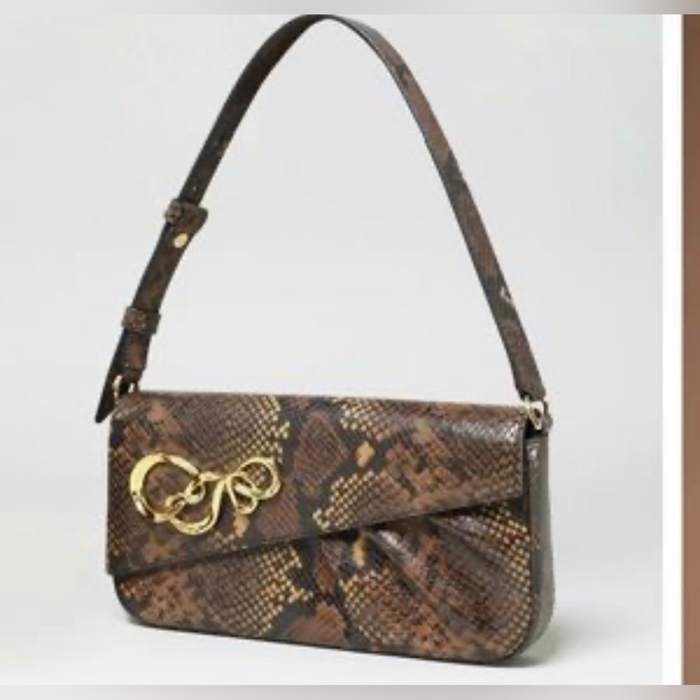 ALEXIS BITTAR BROWN / GOLD TWIST HARDWARE SNAKE PRINT ANGULAR HAND BAG.